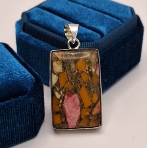 Spiny Oyster Shell Mosaic Pendant | Handmade Artisan Jewelry | Silver Plated